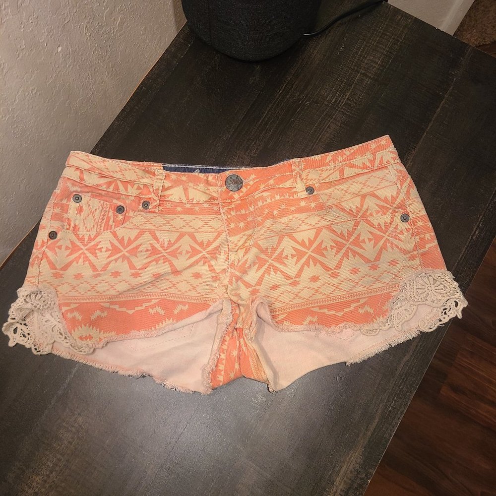 Aztec Print Shorts with lace fringe.